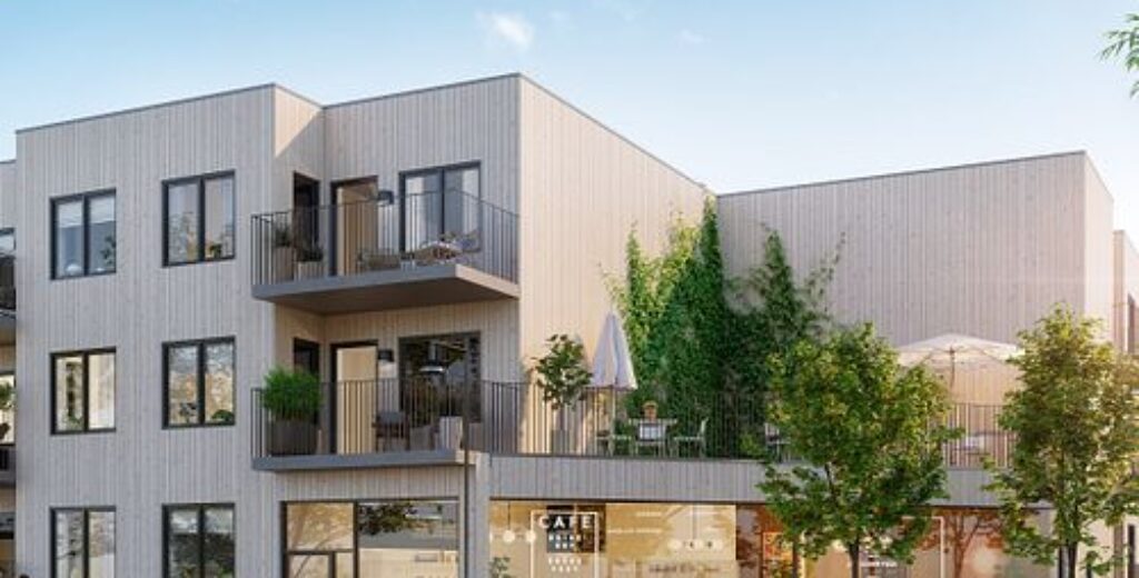 Visualisering av nyproducerade moderna lägenheter med trädgårdsmiljö.