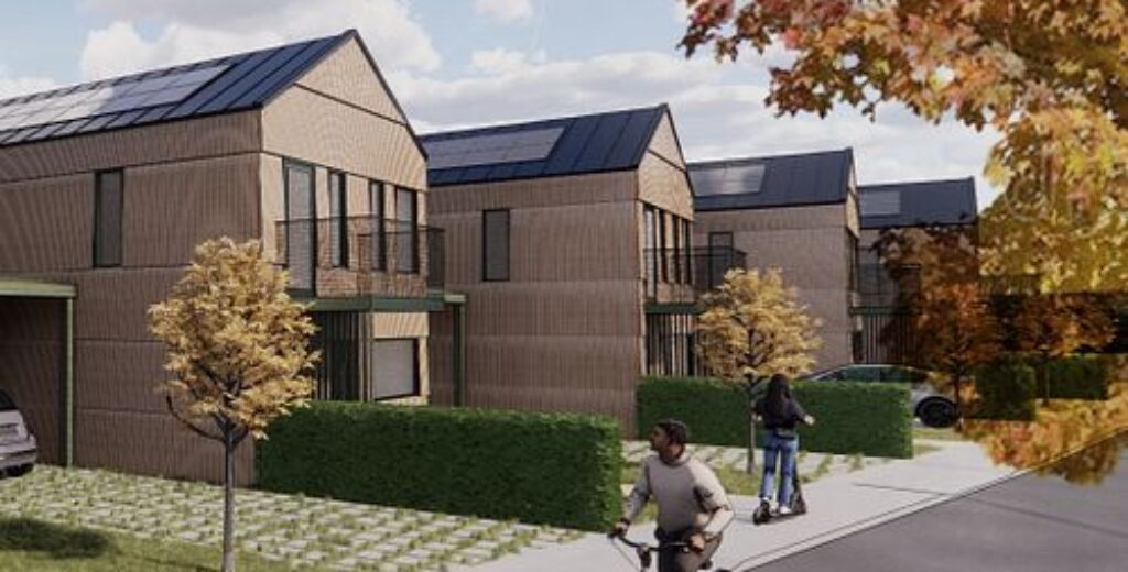 En visualisering av ett modernt bostadsområde där GBJ Bygg utvecklar radhus i trä med solceller på taken, omgivna av träd och gångvägar, medan cyklister rör sig genom den lugna och grönskande närmiljön.