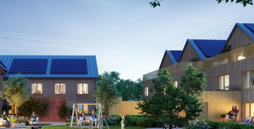 En visualisering av ett bostadsområde med villor och trädgårdar där GBJ Bygg utvecklat ett småskaligt, harmoniskt kvarter med naturen i centrum.