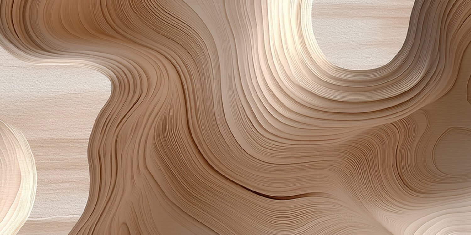 En trästruktur med organiska former visar materialets naturliga mönster, och GBJ Byggs arbete med kvalitativa träytor framhävs.