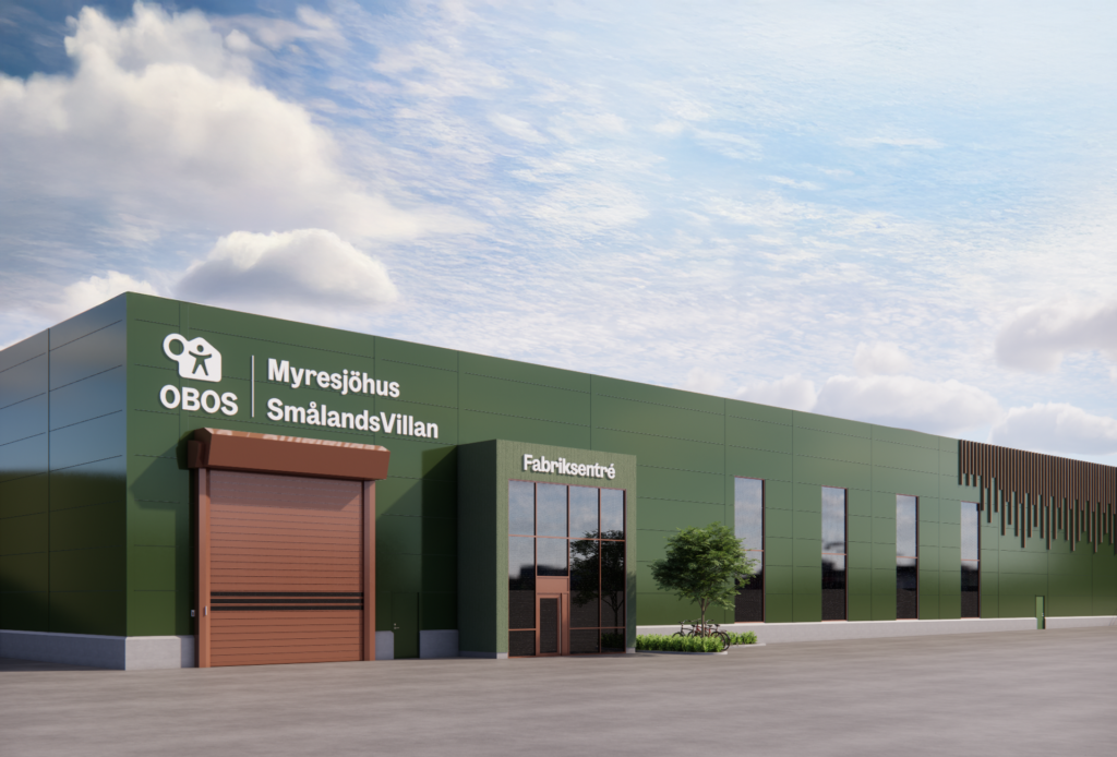En visualisering av en modern grön industribyggnad för OBOS Myresjöhus och SmålandsVillan, med fabriksentré, stora fönster och trädetaljer. GBJ Bygg ansvarar för byggprojektet som skapar funktionella lokaler för husproduktion. Text: ”OBOS”, ”Myresjöhus”, ”SmålandsVillan”, ”Fabriksentré”