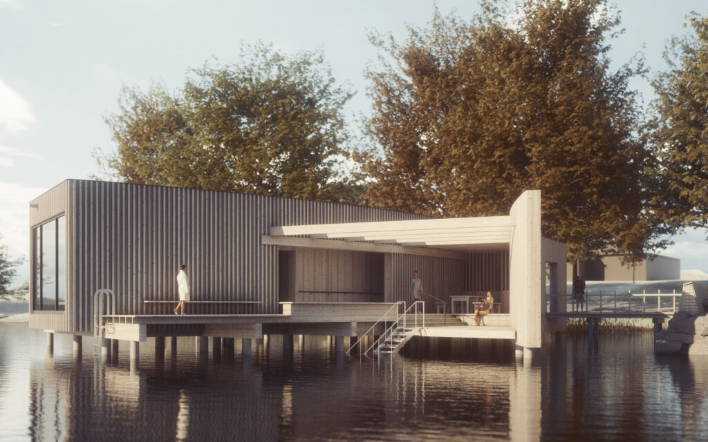 Arkitektonisk illustration av GBJ byggs vattennära projekt med en byggnad på pålar, klädd i vertikal träpanel. En öppen terrass med sittplatser, trappor ner i vattnet och anslutande gångbro skapar utrymme för rekreation.